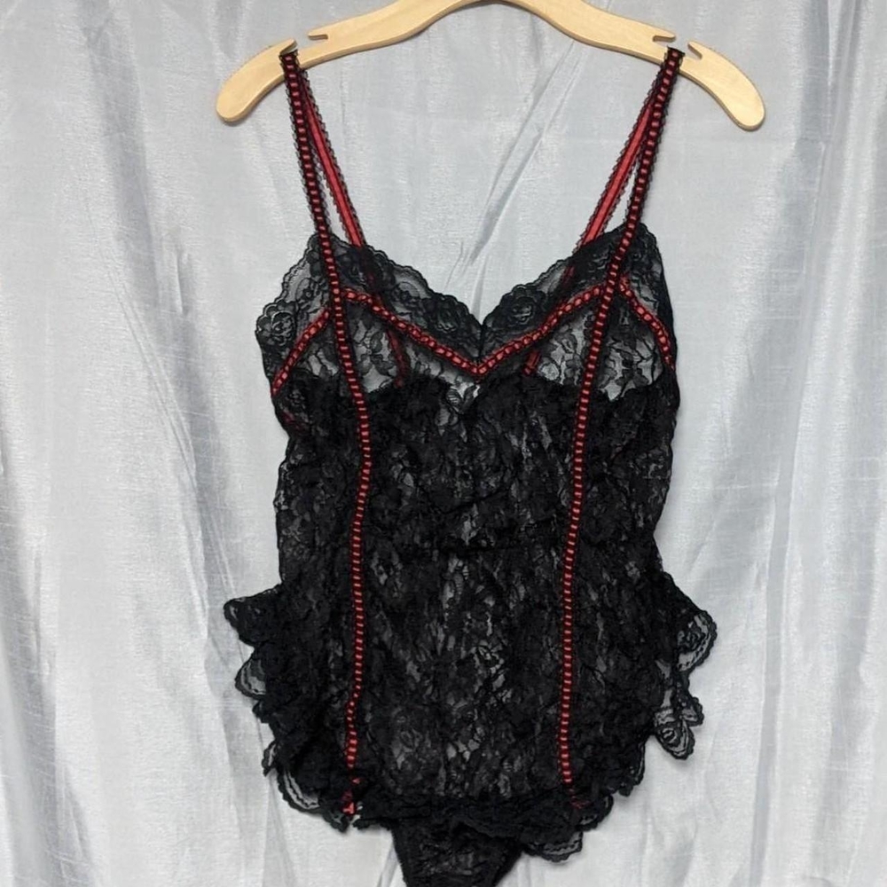 2/$25 Vintage Black Lace Bodysuit with Red Accents